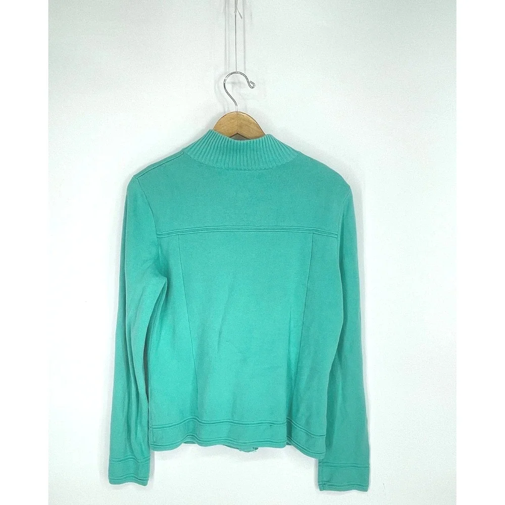 Jones New York Womens Cardigan Large Sweater Teal Green Mock Neck Preppy